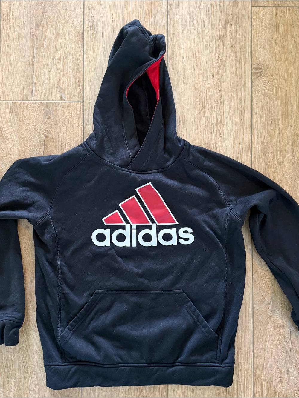 adidas Black Hoodie with Red Logo and White Text